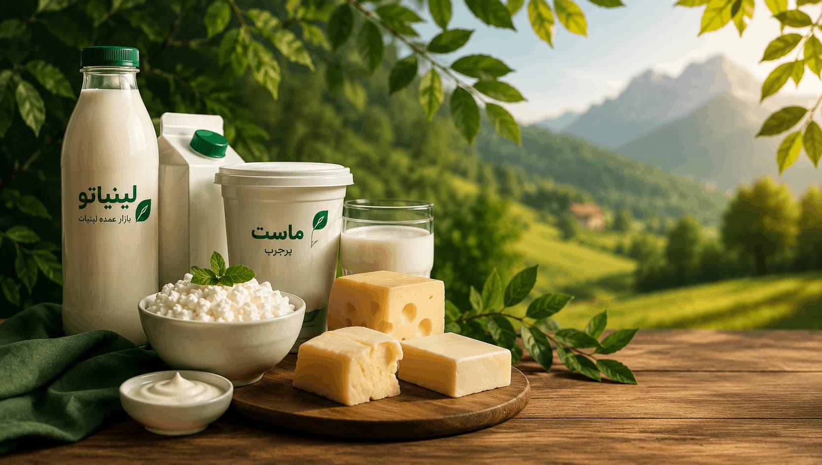 شیر و پنیر و لبنیات در کنار طبیعت سبز